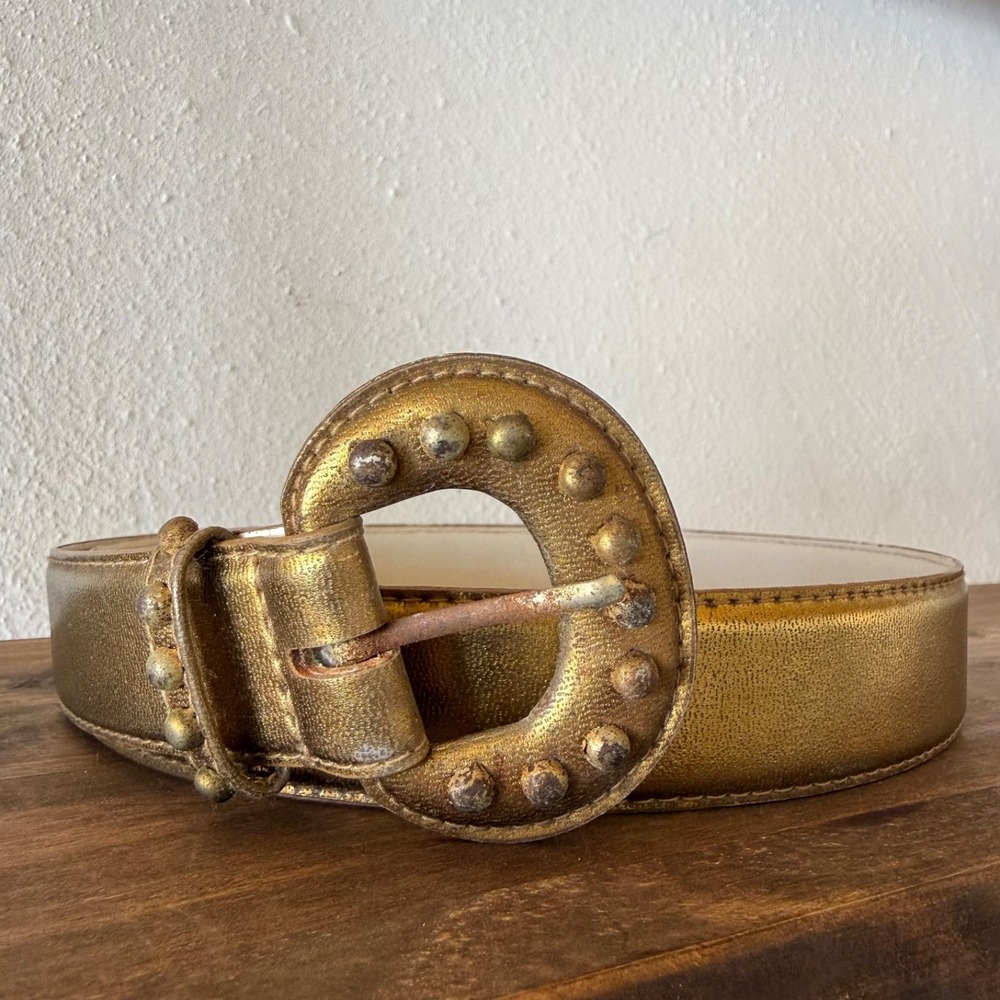 Vintage Crown Pacific Gold Studded Belt Round‎ Buckle Size Medium 36"